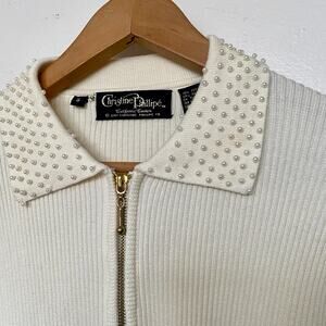 Vintage White Pearl Embellished Christine Phillipe Zip Up Sweater